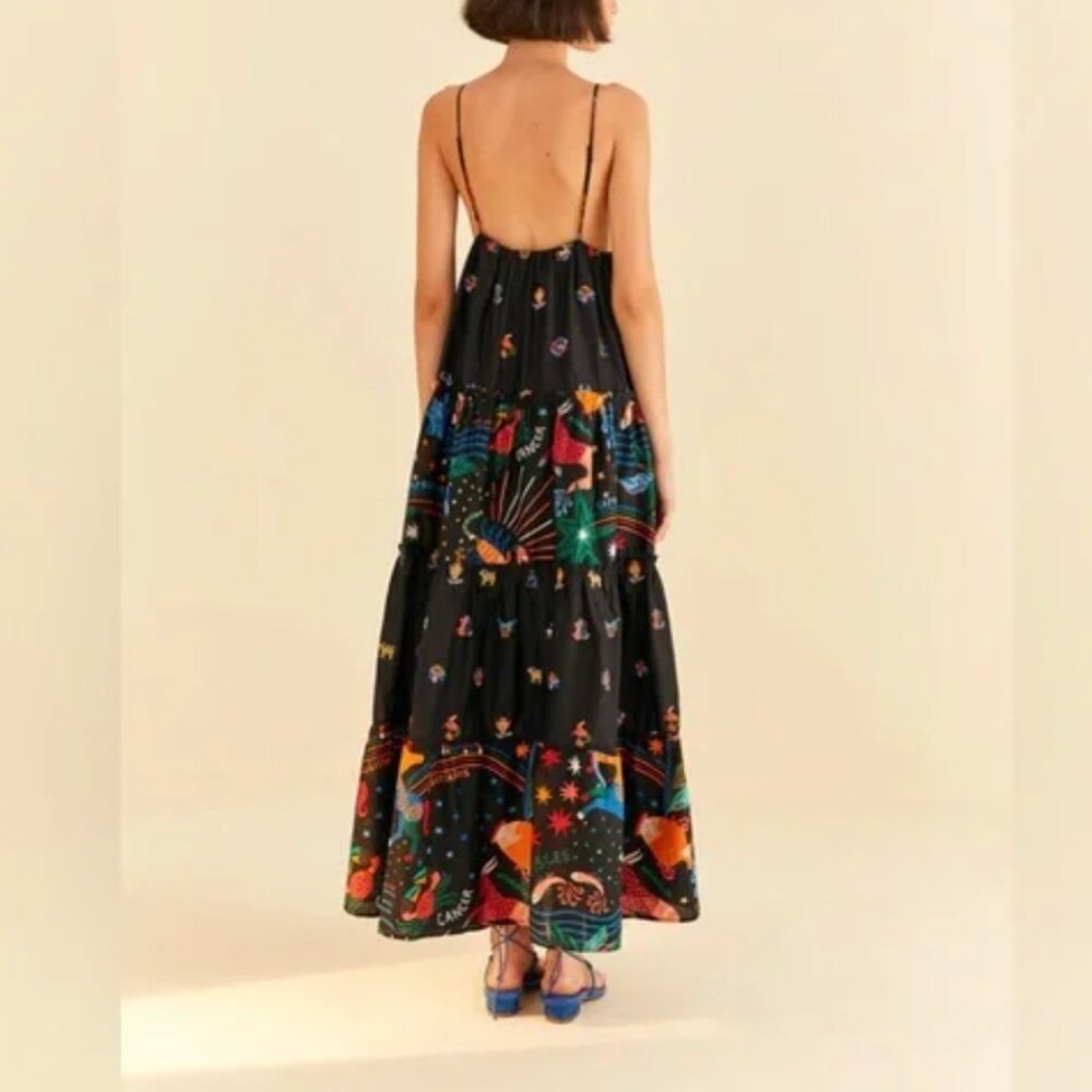 FARM RIO Rio Zodiac Embroidered Maxi Dress Black S NWT $295 - Picture 2 of 12
